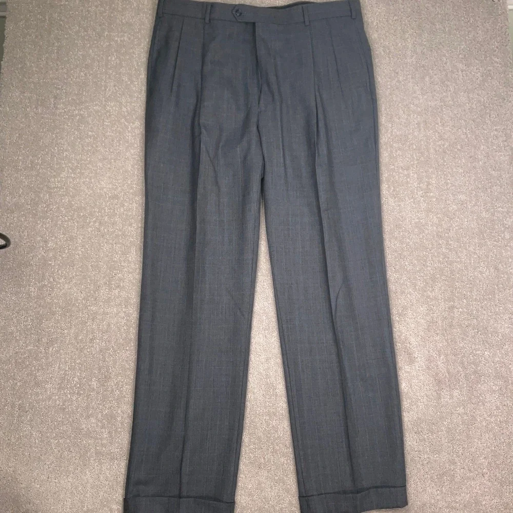 Jos A Bank Suit Mens 44L Charcoal Gray Blue Glen Plaid Tailored Traditional Wool